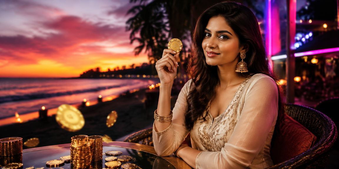 Indian player enjoying mobile Rummy on beach in Goa