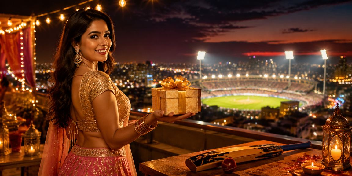 Colorful nighttime Indian market scene with cricket and slot entertainment